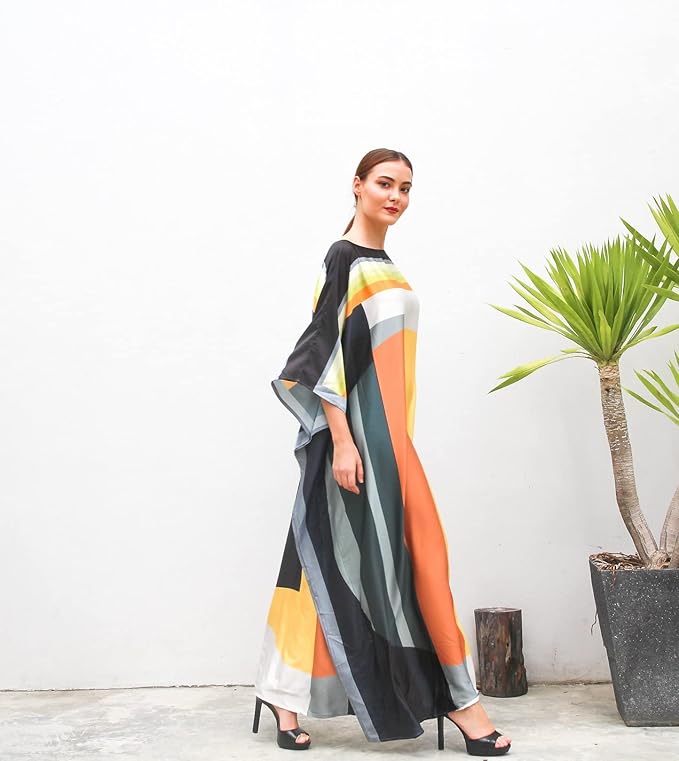 Geometric Printed Soft Silk Long Women Wear Kaftan